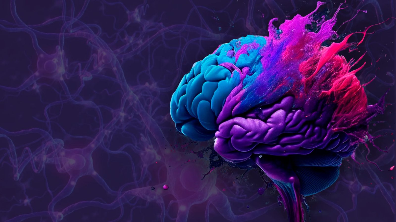 Ilustração de um cérebro em tons de azul, roxo e magenta